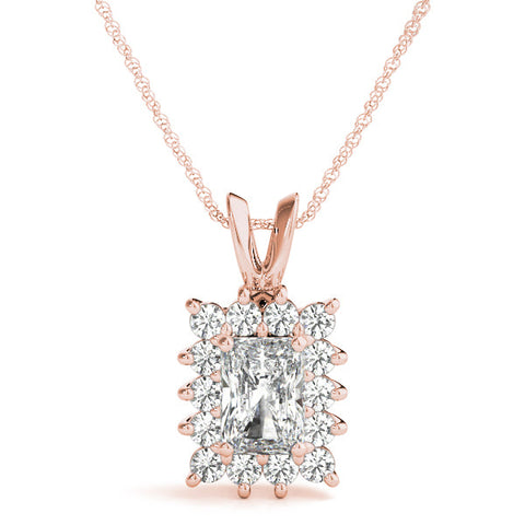 Rose gold Halo Radiant Cut Diamond Pendant with Prong Setting