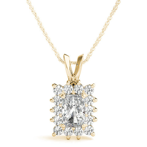 Yellow gold Halo Radiant Cut Diamond Pendant with Prong Setting