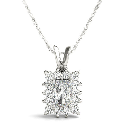 White gold Halo Radiant Cut Diamond Pendant with Prong Setting
