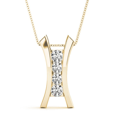 Yellow gold Channel Set Round Diamond V-Prong Pendant