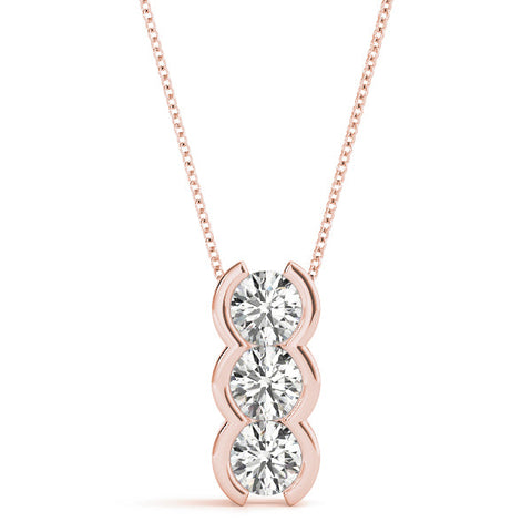 Rose gold Three Stone Round Diamond Shared Prong Pendant