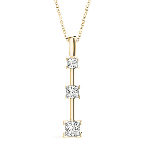 Yellow gold Three-Stone Princess Cut Prong Set Pendant