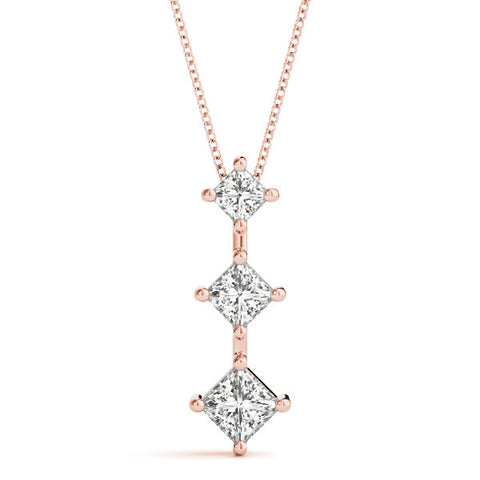 Rose gold Three-Stone Princess Cut Diamond Pendant with Four-Prong Setting