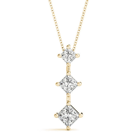 Yellow gold Three-Stone Princess Cut Diamond Pendant with Four-Prong Setting