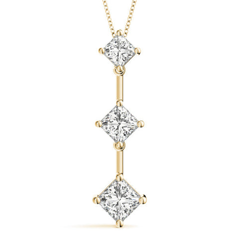 Yellow gold Triple Princess Cut Drop Pendant with Four-Prong Setting