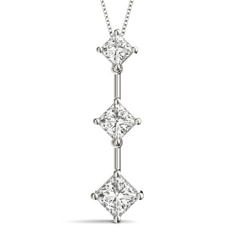 White gold Triple Princess Cut Drop Pendant with Four-Prong Setting