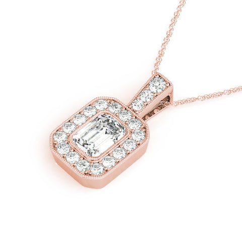 Rose gold Emerald Cut Halo Diamond Pendant with Pavé Setting