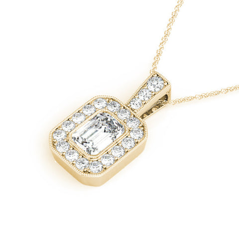 Yellow gold Emerald Cut Halo Diamond Pendant with Pavé Setting