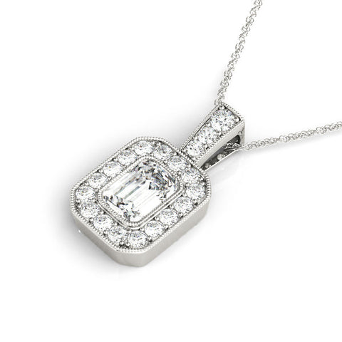 White gold Emerald Cut Halo Diamond Pendant with Pavé Setting