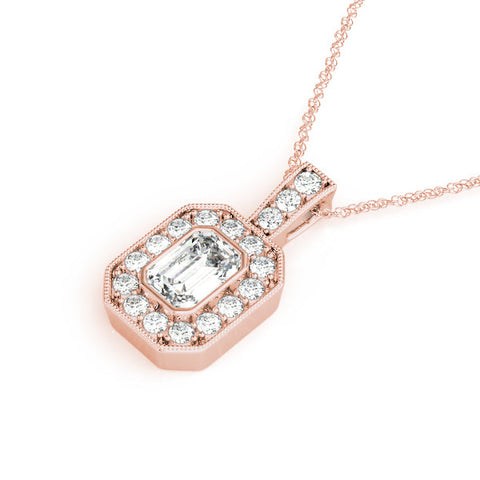 Rose gold Emerald Cut Halo Pendant with Milgrain Detail