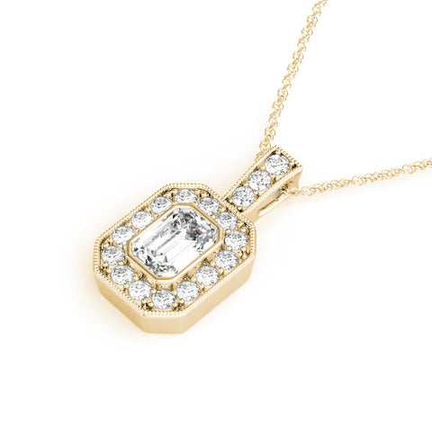 Yellow gold Emerald Cut Halo Pendant with Milgrain Detail