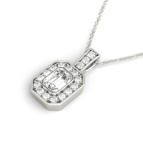 White gold Emerald Cut Halo Pendant with Milgrain Detail