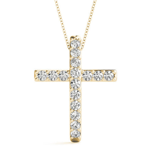 Yellow gold Pavé Round Diamond Cross Pendant with Prong Setting