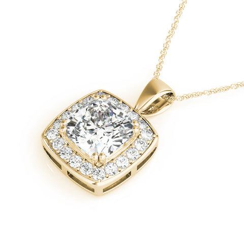 Yellow gold Cushion Halo Pendant with Round Diamond and Four-Prong Setting