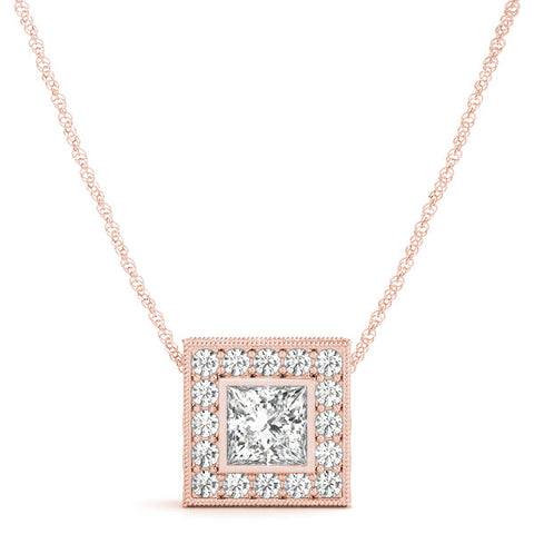 Rose gold Princess Cut Halo Bezel Pendant