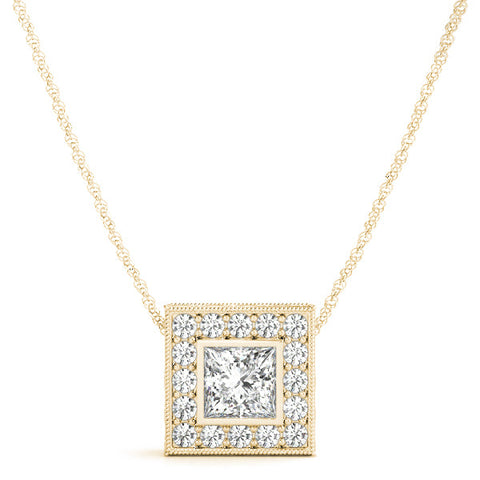 Yellow gold Princess Cut Halo Bezel Pendant