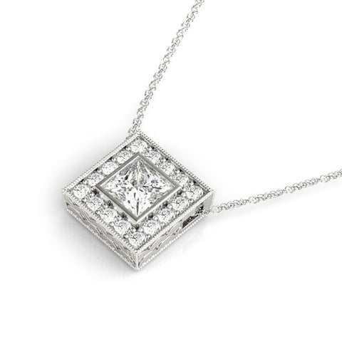 White gold Princess Cut Halo Bezel Pendant