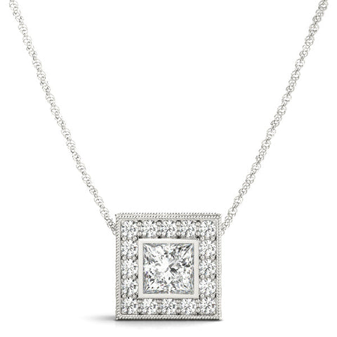 White gold Princess Cut Halo Bezel Pendant
