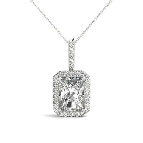 White gold Halo Emerald-Cut Prong Set Pendant