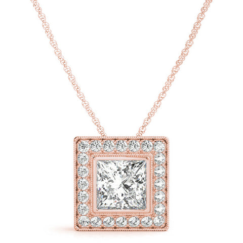 Rose gold Square Halo Princess Cut Pendant with Bezel Setting