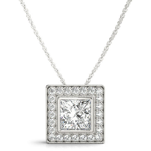 White gold Square Halo Princess Cut Pendant with Bezel Setting