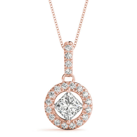 Rose gold Princess Cut Halo Diamond Pendant with Four-Prong Setting