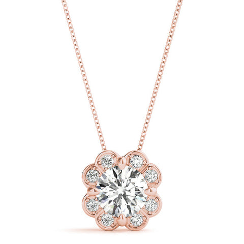 Rose gold Round Amethyst Flower Halo Pendant with Four-Prong Setting