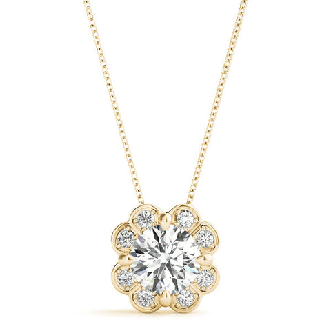 Yellow gold Round Amethyst Flower Halo Pendant with Four-Prong Setting