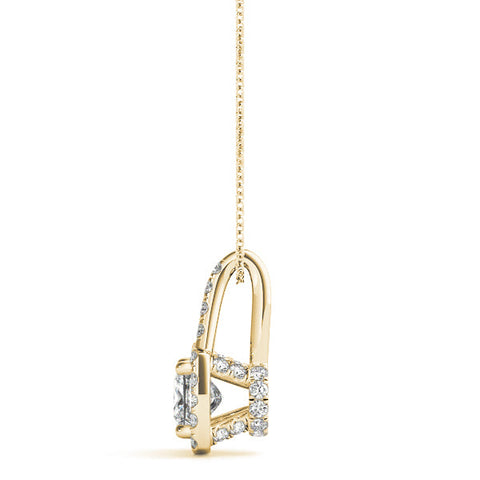Yellow gold Cushion Halo Diamond Pendant with Princess Cut Stone and Four-Prong Setting