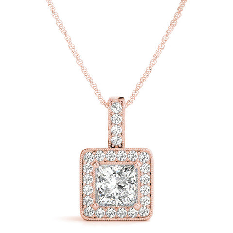 Rose gold Princess Cut Halo Pendant with Four-Prong Setting