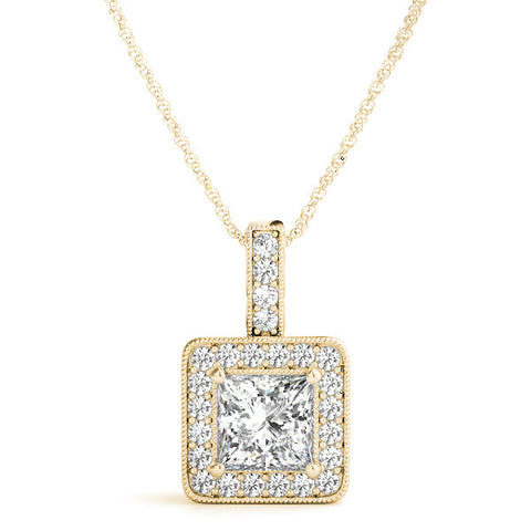 Yellow gold Princess Cut Halo Pendant with Four-Prong Setting