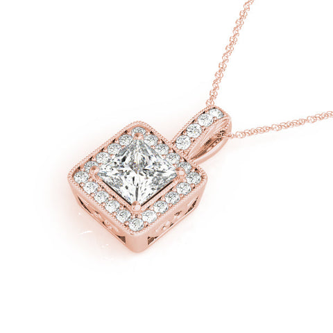 Rose gold Princess Cut Halo Pendant with Four-Prong Setting