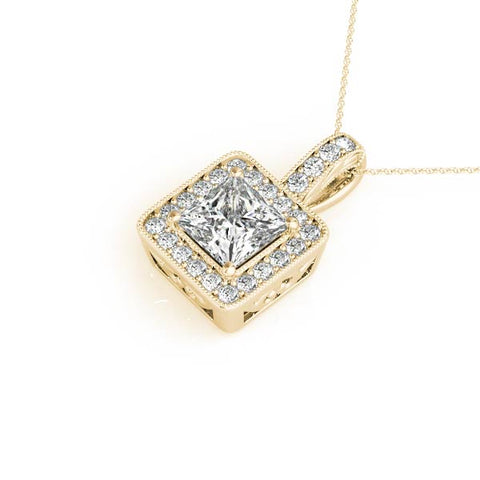 Yellow gold Princess Cut Halo Pendant with Four-Prong Setting