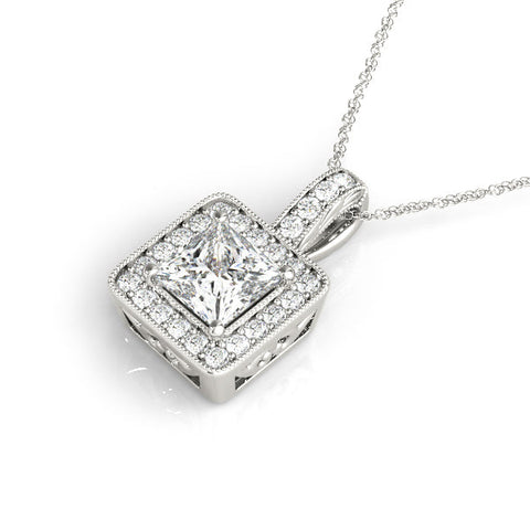 White gold Princess Cut Halo Pendant with Four-Prong Setting