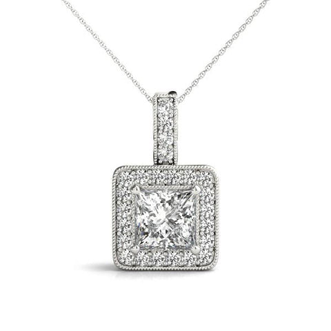 White gold Princess Cut Halo Pendant with Four-Prong Setting