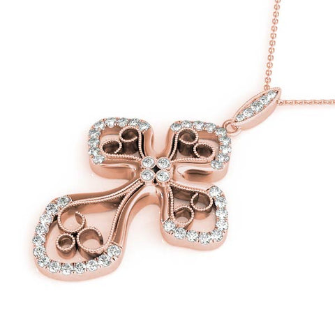 Rose gold Diamond Pavé Round Milgrain Cross Pendant