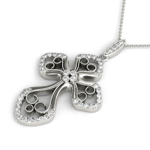 White gold Diamond Pavé Round Milgrain Cross Pendant