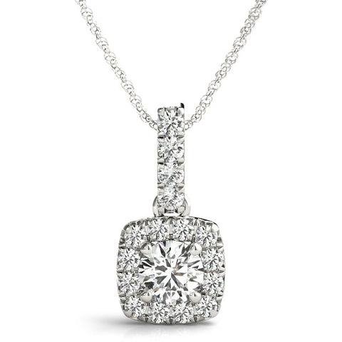 White gold Halo Cushion Cut Diamond Pendant with Four-Prong Setting