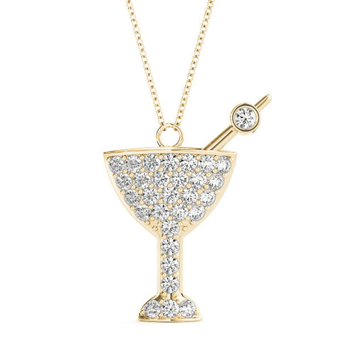 Yellow gold Pavé Round Diamond Martini Glass Pendant with Bezel Prong Setting
