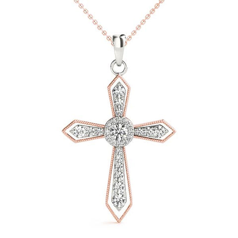 Rose gold Round Diamond Milgrain Cross Pendant with Bezel Setting