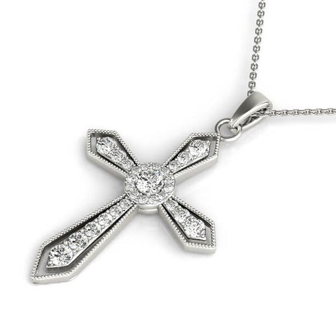 White gold Round Diamond Milgrain Cross Pendant with Bezel Setting