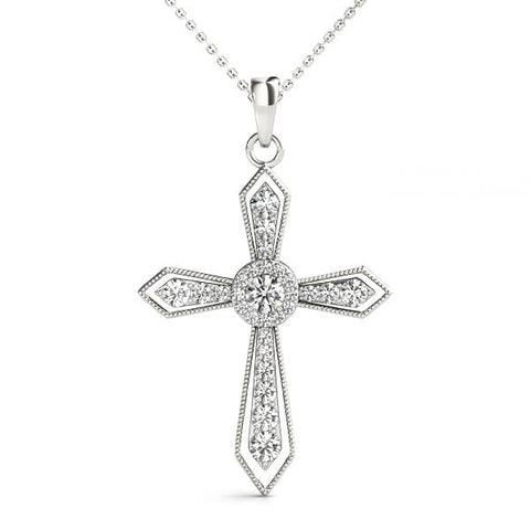 White gold Round Diamond Milgrain Cross Pendant with Bezel Setting