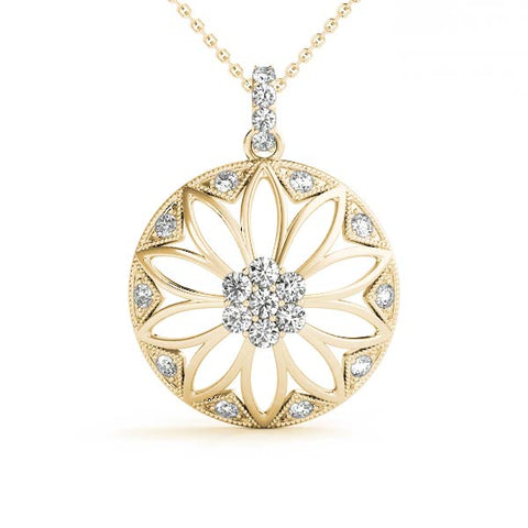 Yellow gold Round Diamond Cluster Flower Pendant