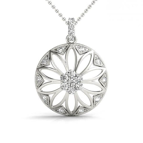 White gold Round Diamond Cluster Flower Pendant