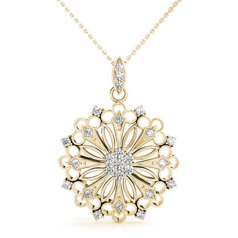 Yellow gold Round Diamond Cluster Milgrain Pendant