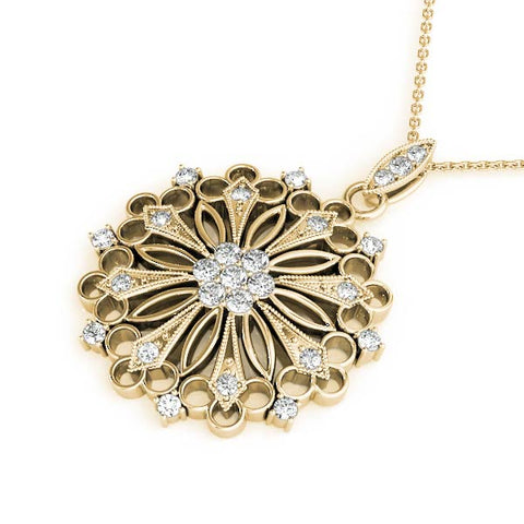 Yellow gold Round Diamond Cluster Milgrain Pendant
