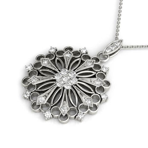 White gold Round Diamond Cluster Milgrain Pendant