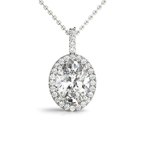 White gold Oval Halo Diamond Pendant with Prong Setting