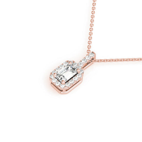 Rose gold Emerald Cut Diamond Halo Pendant with Prong Setting