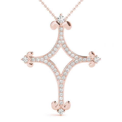 Rose gold Pavé Diamond Cushion Cross Pendant with Fleur-de-Lis Prongs